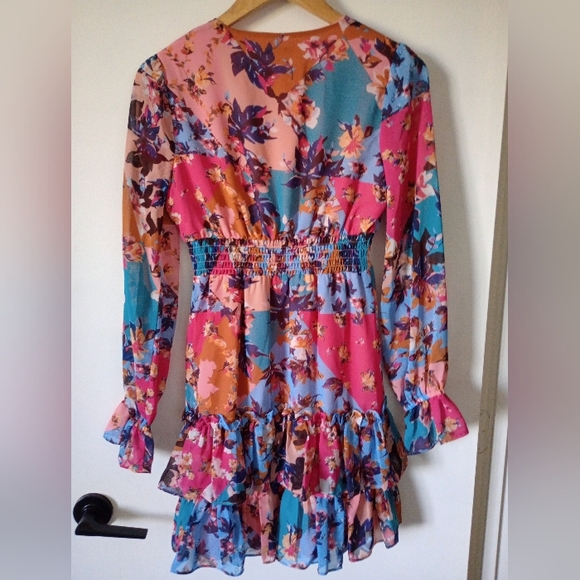 Floral Multicolor Patchwork Style Mini Dress with Ruffles Size XS - Picture 6 of 13